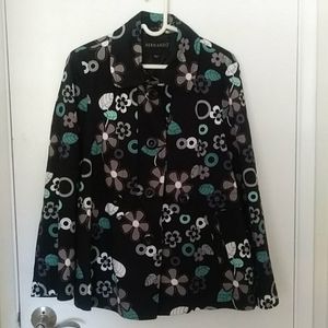 Black Cotton Coat with Retro Flowers